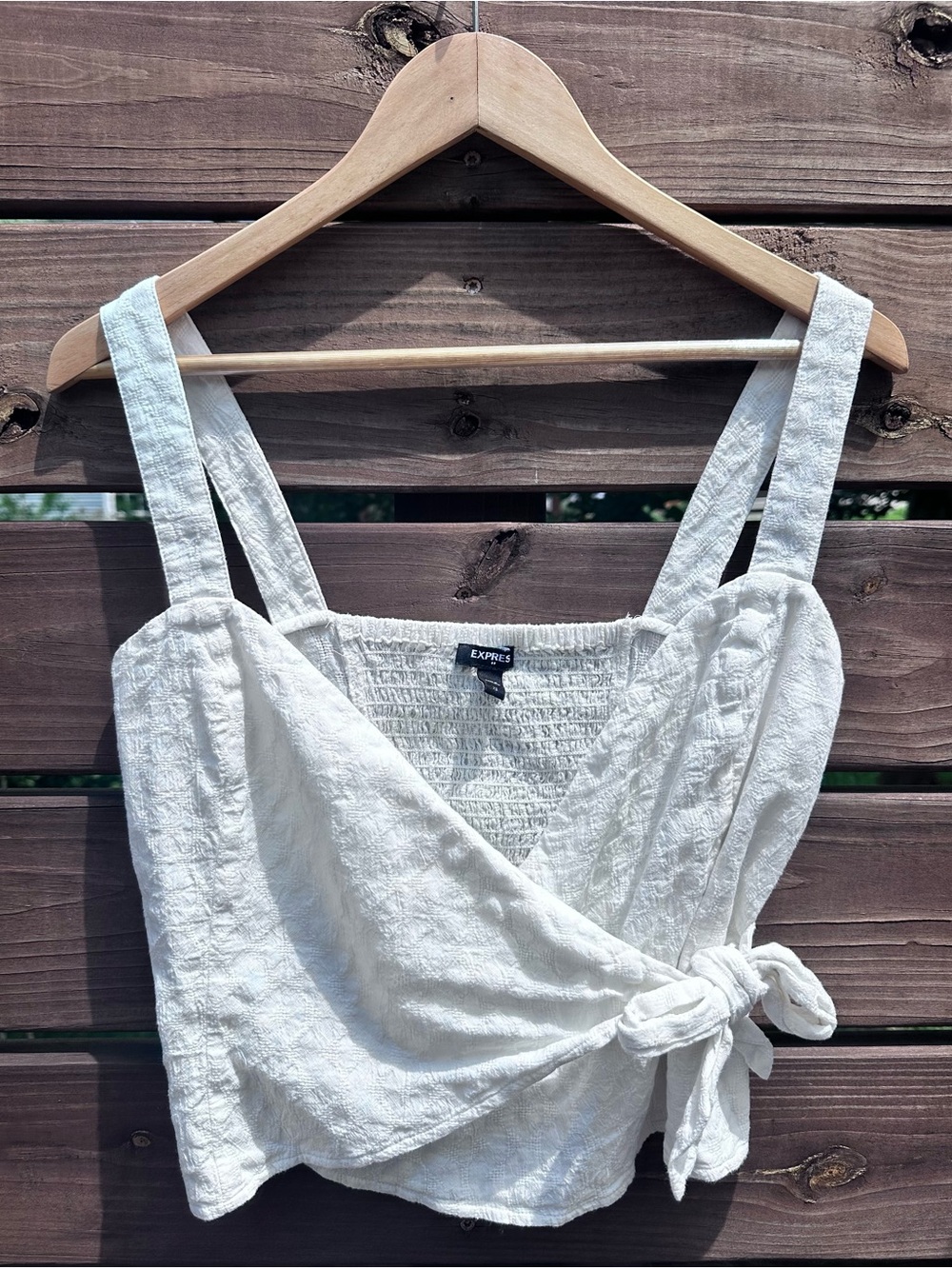 Express White Cropped Side Tie Smocked Back Surplice Tank Top